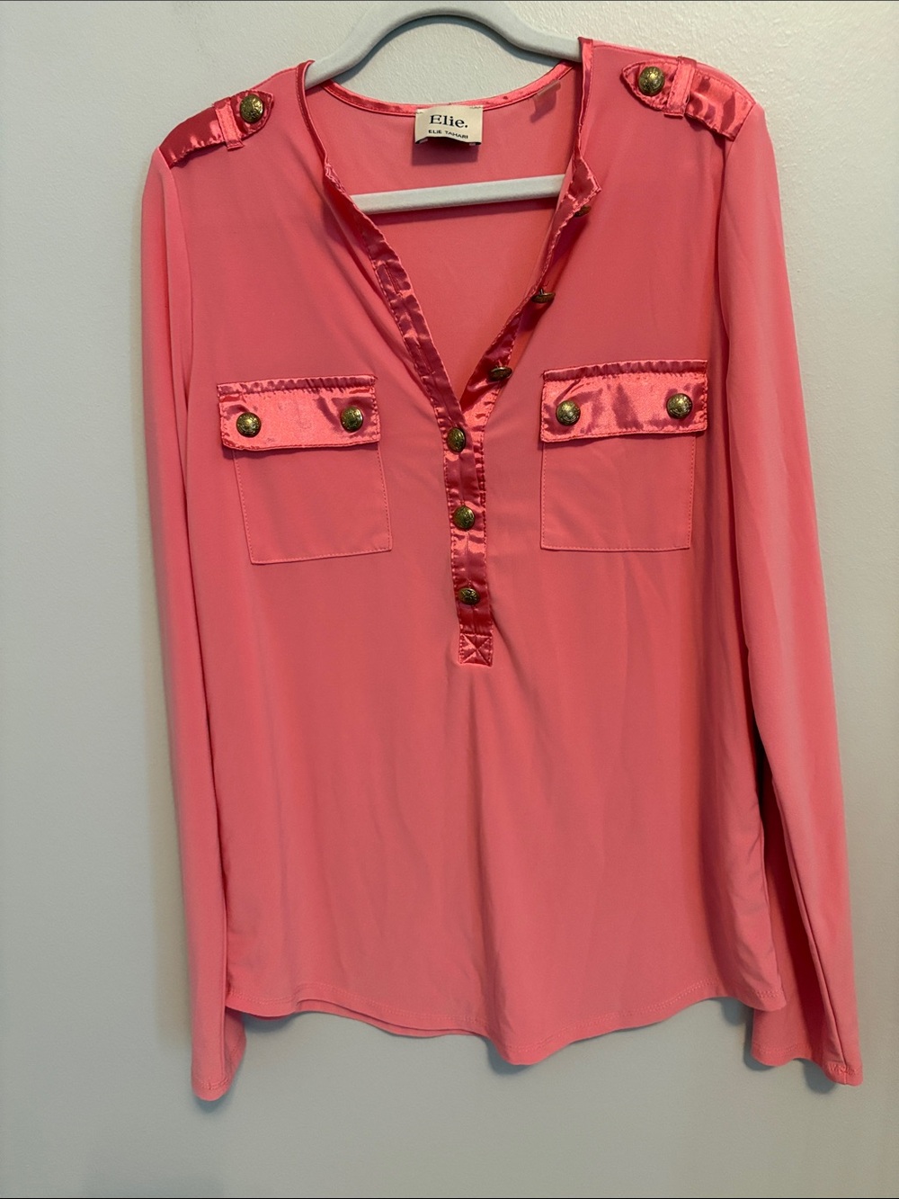 Elie Tahari Coral-Pink Long Sleeve Blouse with Gold Buttons